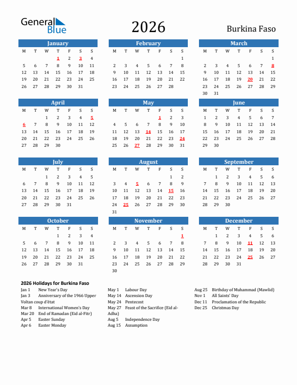 Burkina Faso 2026 Calendar with Holidays