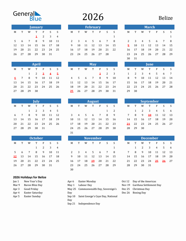 Belize 2026 Calendar with Holidays