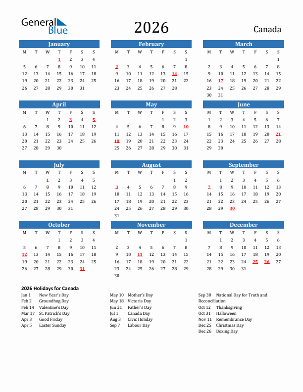 Canada 2026 Calendar with Holidays