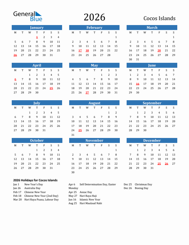 Cocos Islands 2026 Calendar with Holidays