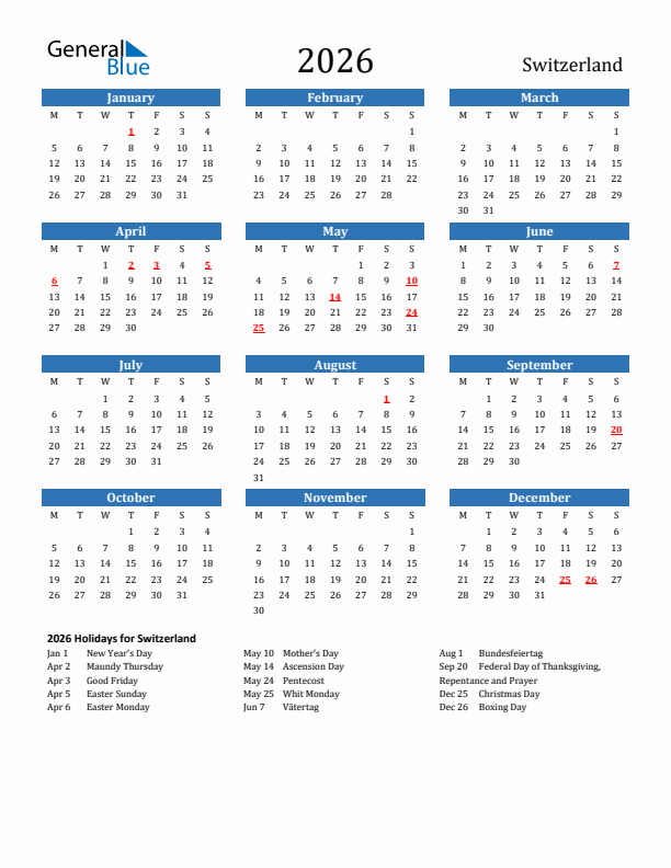Switzerland 2026 Calendar with Holidays