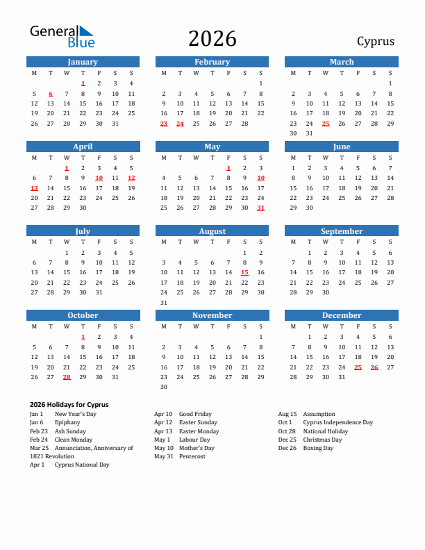Cyprus 2026 Calendar with Holidays