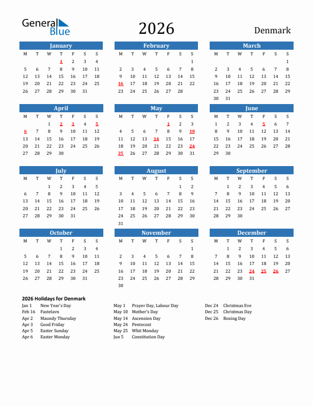 Denmark 2026 Calendar with Holidays
