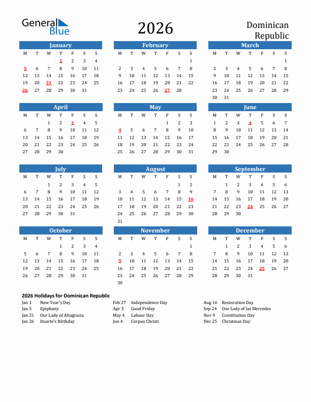 Dominican Republic 2026 Calendar with Holidays
