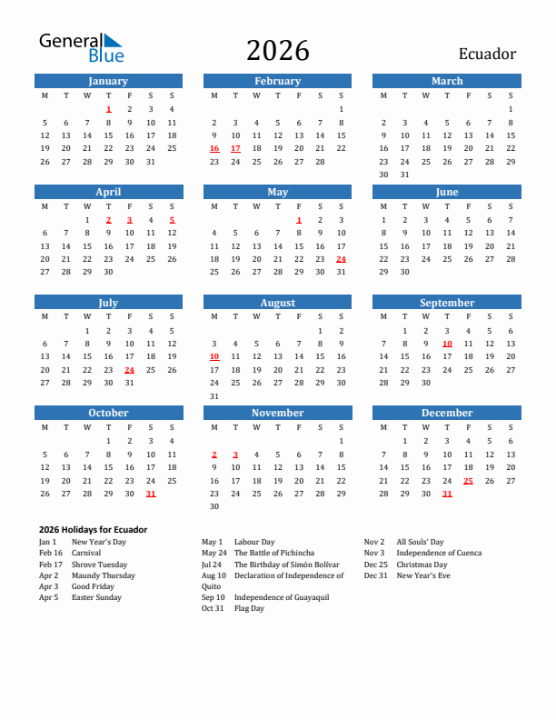 Ecuador 2026 Calendar with Holidays