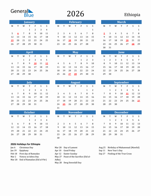 Ethiopia 2026 Calendar with Holidays