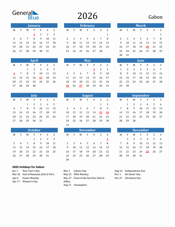 Gabon 2026 Calendar with Holidays