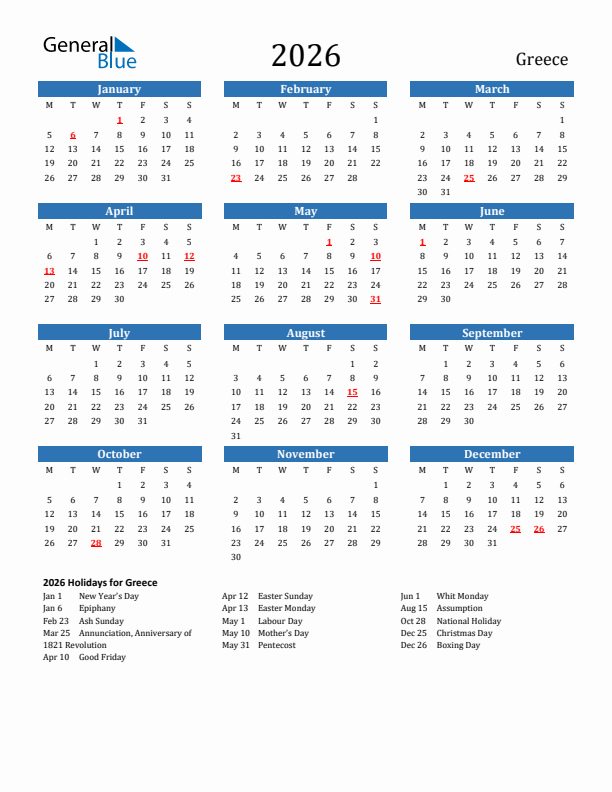 Greece 2026 Calendar with Holidays