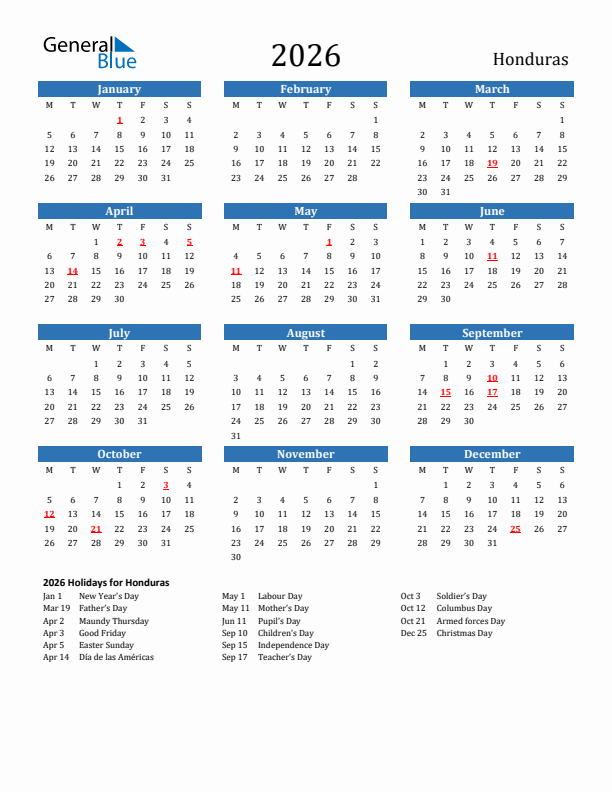 Honduras 2026 Calendar with Holidays