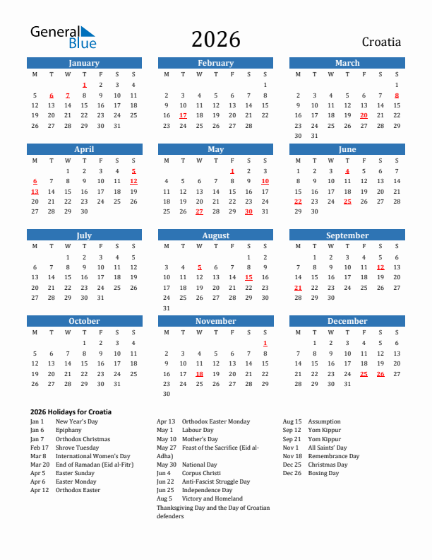 Croatia 2026 Calendar with Holidays