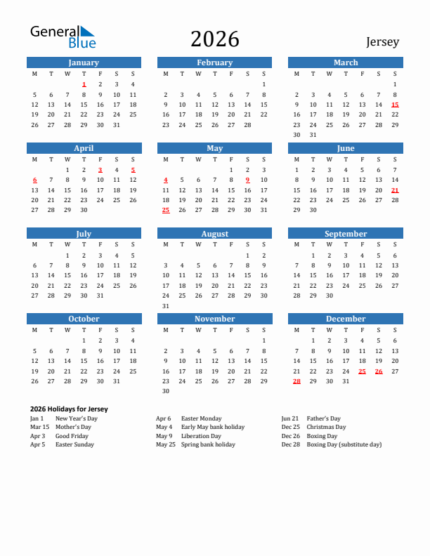 Jersey 2026 Calendar with Holidays