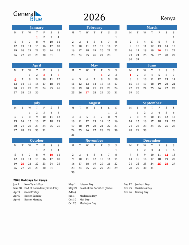 Kenya 2026 Calendar with Holidays