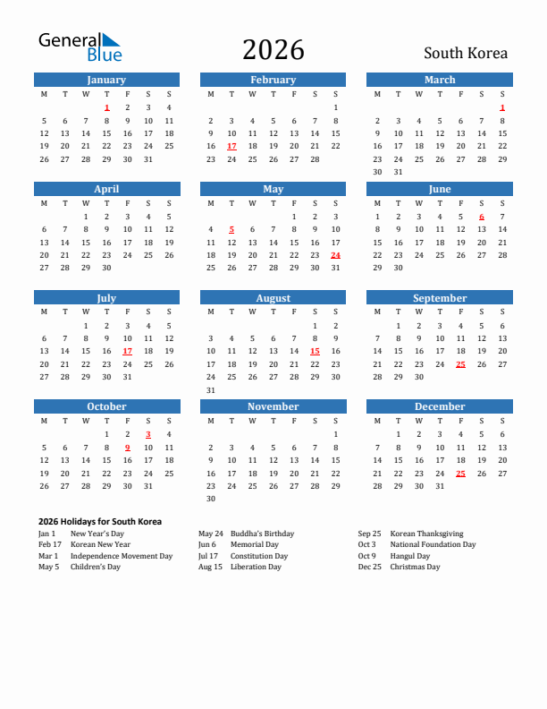 South Korea 2026 Calendar with Holidays