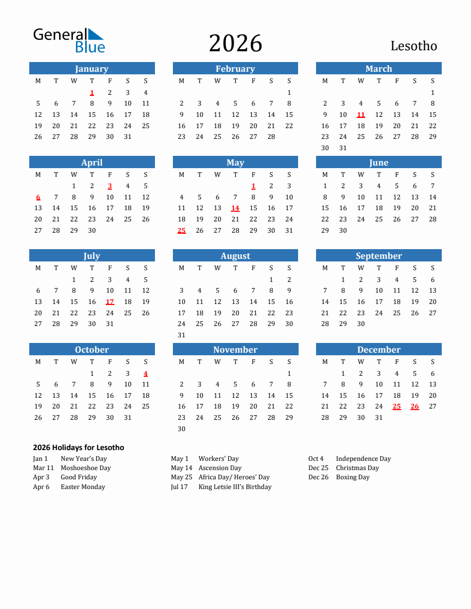 Lesotho 2026 Calendar with Holidays