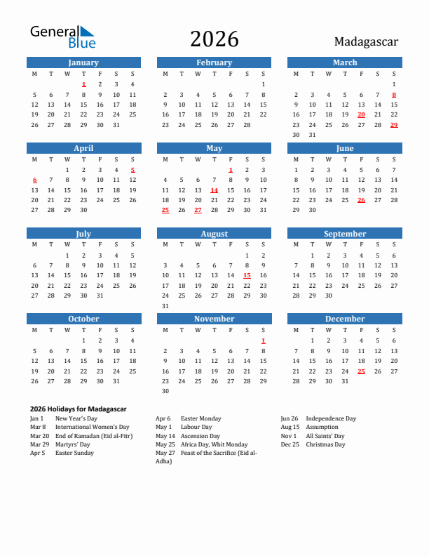 Madagascar 2026 Calendar with Holidays