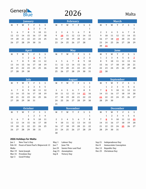 Malta 2026 Calendar with Holidays