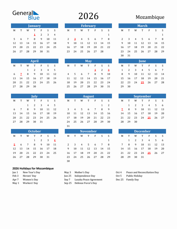 Mozambique 2026 Calendar with Holidays