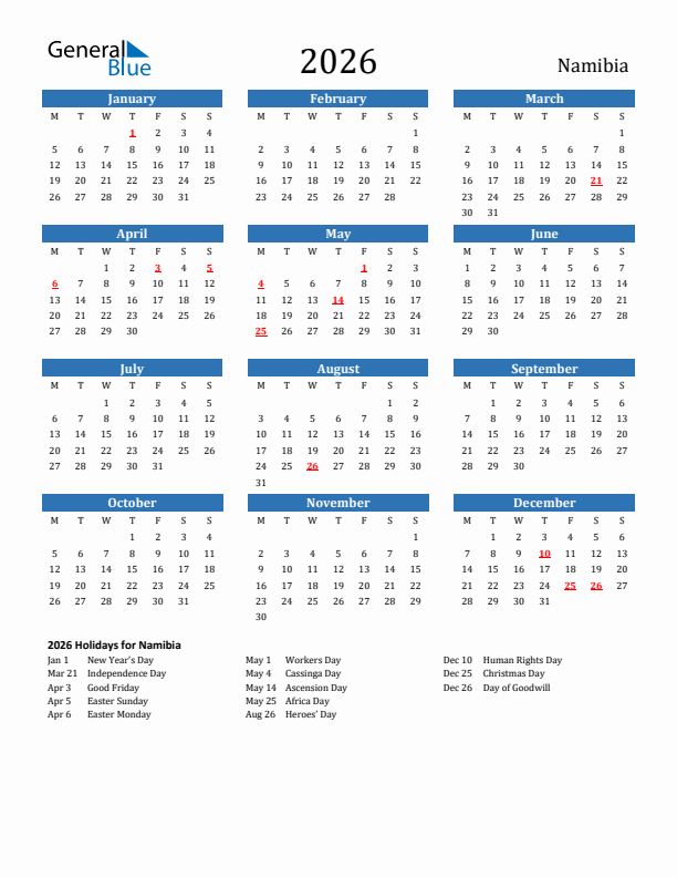 Namibia 2026 Calendar with Holidays