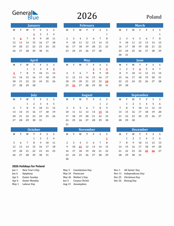 Poland 2026 Calendar with Holidays