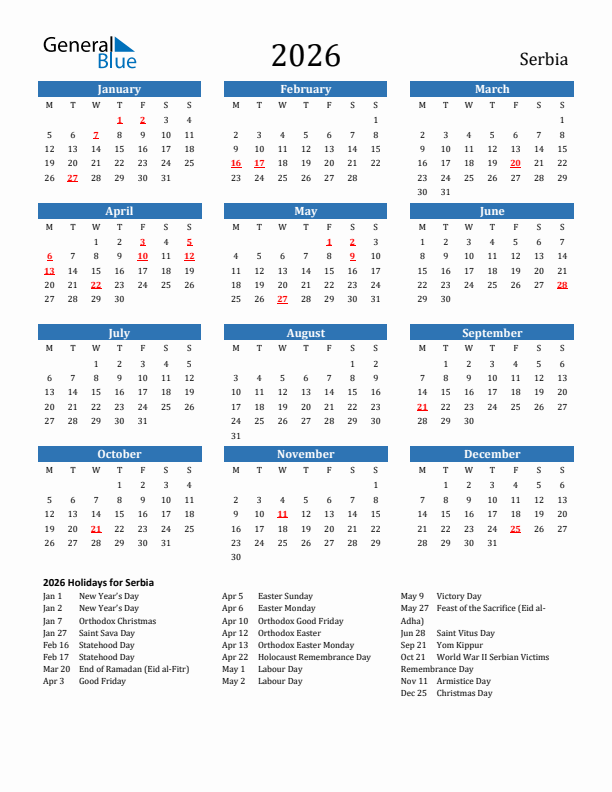 Serbia 2026 Calendar with Holidays