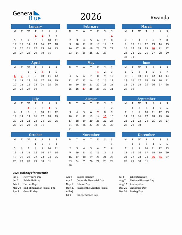 Rwanda 2026 Calendar with Holidays