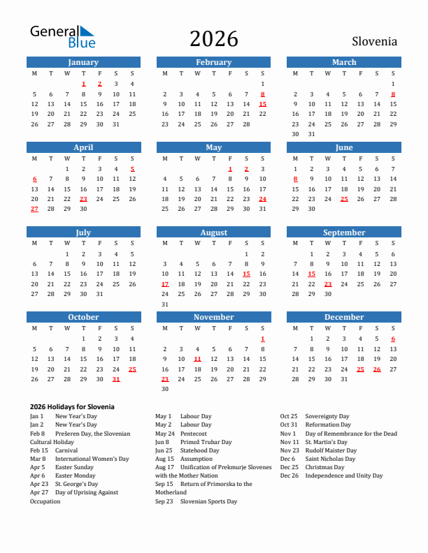 Slovenia 2026 Calendar with Holidays