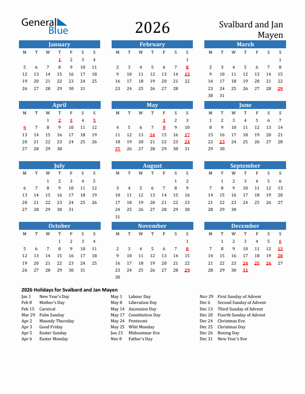 Svalbard and Jan Mayen 2026 Calendar with Holidays