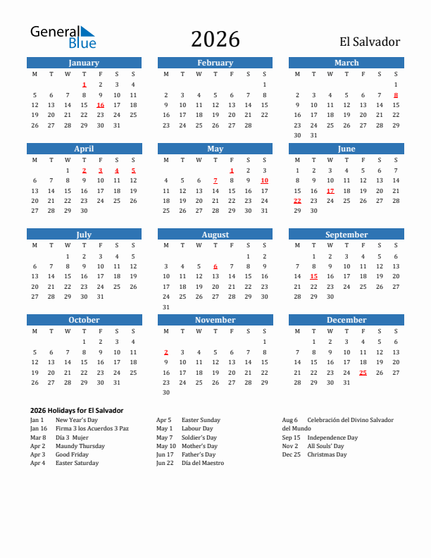 El Salvador 2026 Calendar with Holidays