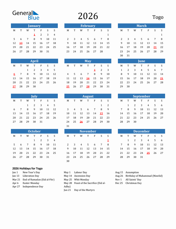 Togo 2026 Calendar with Holidays