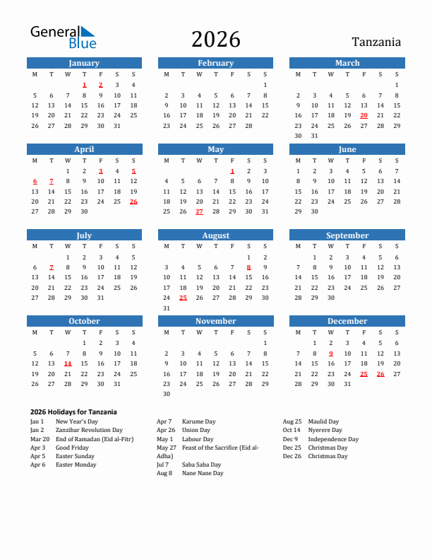 Tanzania 2026 Calendar with Holidays