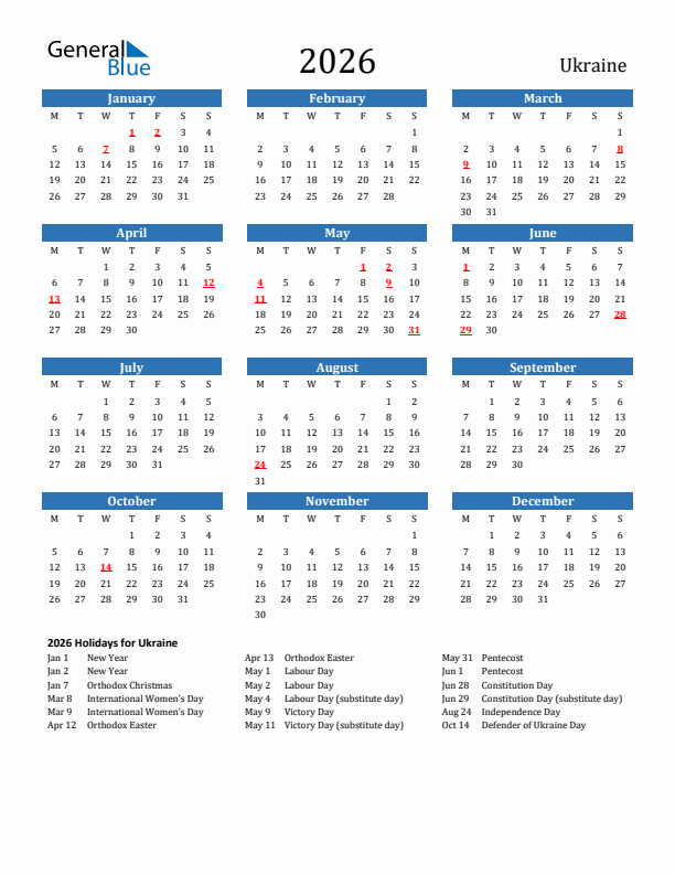Ukraine 2026 Calendar with Holidays