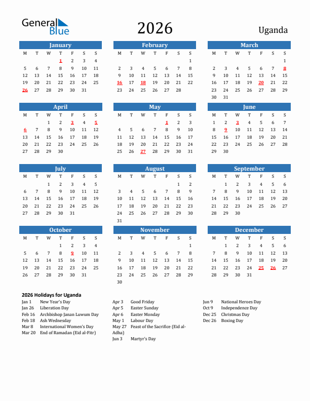 Uganda 2026 Calendar with Holidays