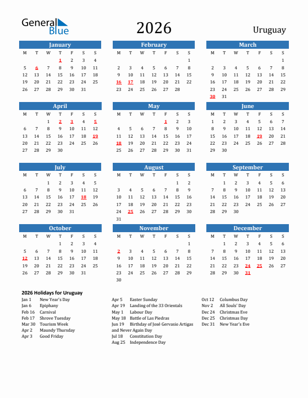 Uruguay 2026 Calendar with Holidays