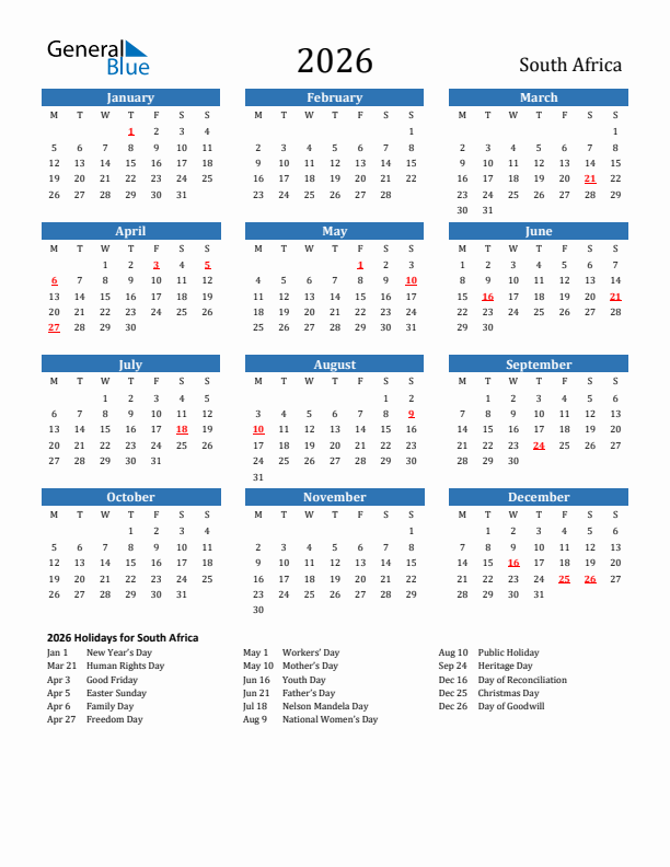 South Africa 2026 Calendar with Holidays