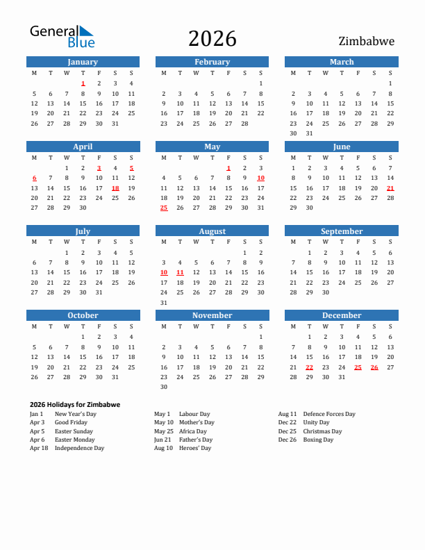Zimbabwe 2026 Calendar with Holidays