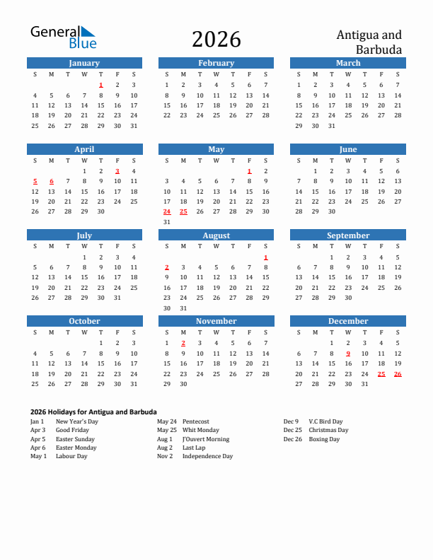 Antigua and Barbuda 2026 Calendar with Holidays