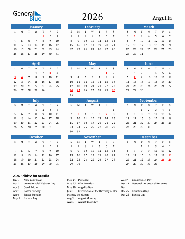 Anguilla 2026 Calendar with Holidays