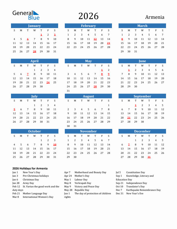 Armenia 2026 Calendar with Holidays