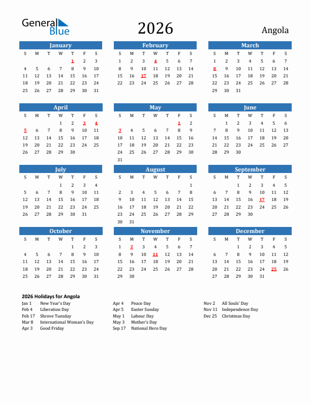 Angola 2026 Calendar with Holidays