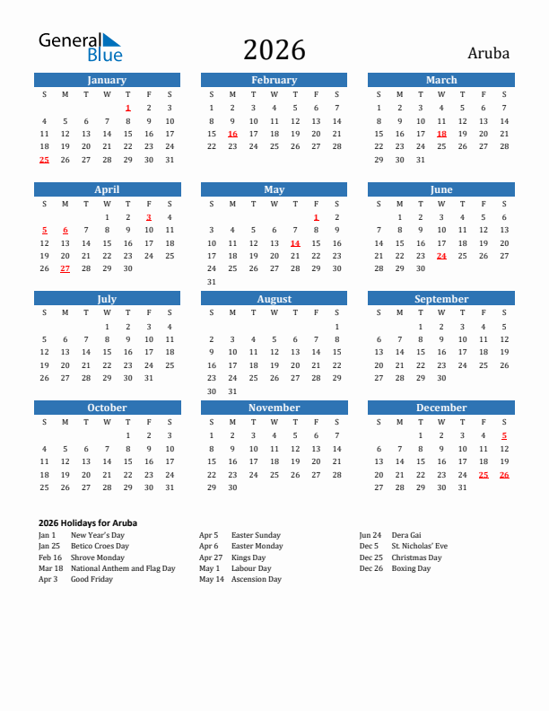 Aruba 2026 Calendar with Holidays