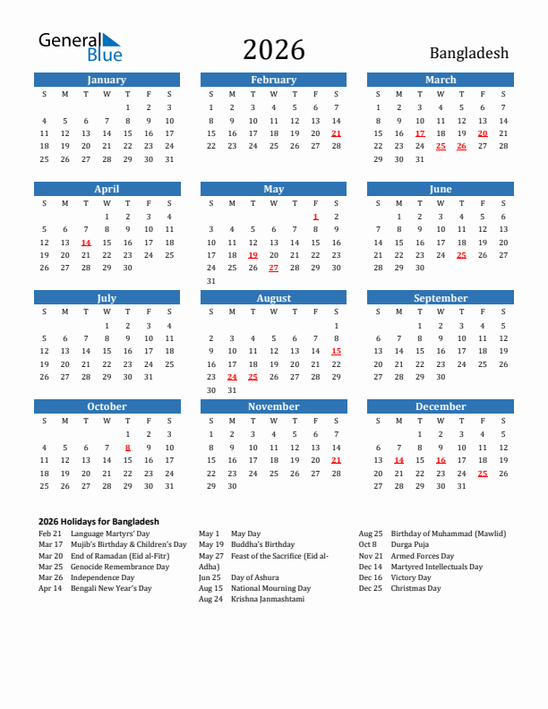 Bangladesh 2026 Calendar with Holidays