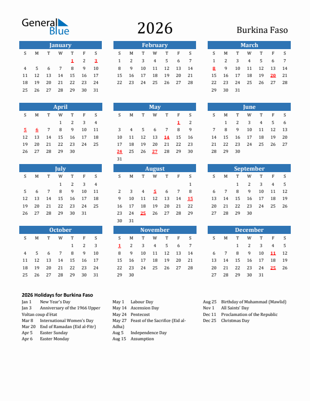 Burkina Faso 2026 Calendar with Holidays