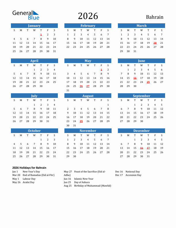 Bahrain 2026 Calendar with Holidays