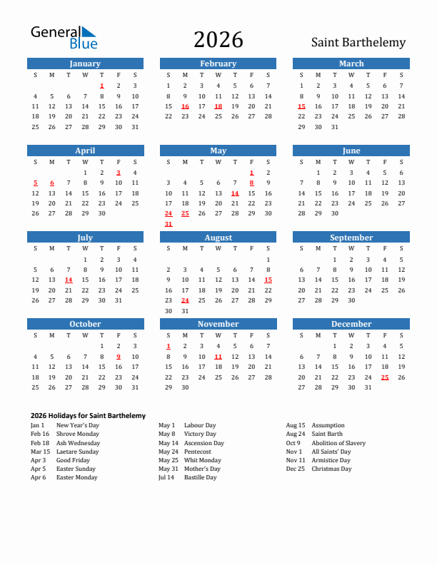 Saint Barthelemy 2026 Calendar with Holidays