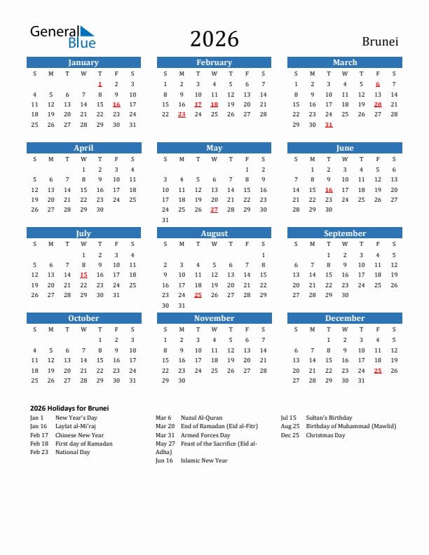 Brunei 2026 Calendar with Holidays