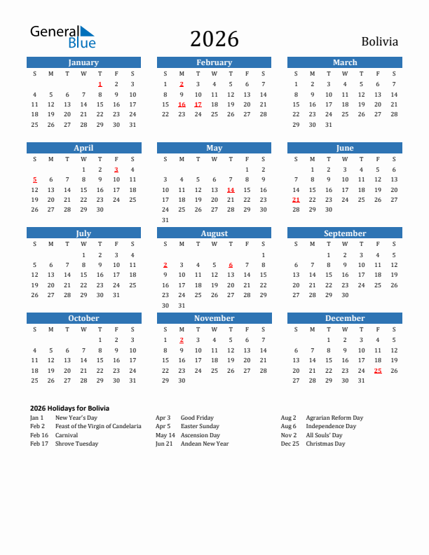 Bolivia 2026 Calendar with Holidays