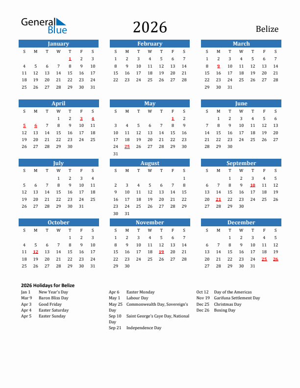 Belize 2026 Calendar with Holidays