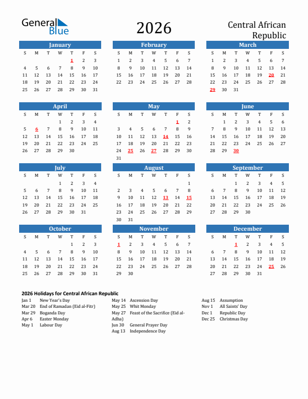 Central African Republic 2026 Calendar with Holidays