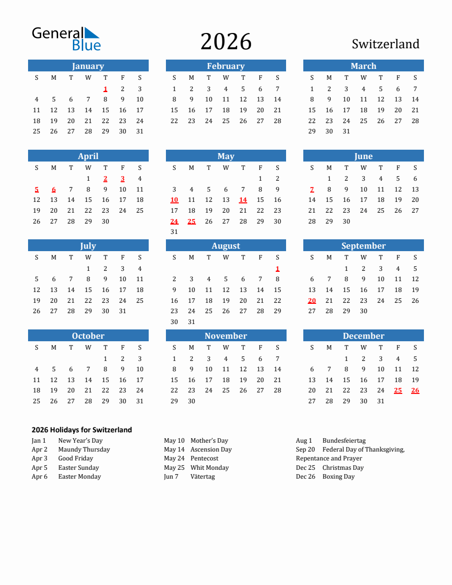 Switzerland 2026 Calendar with Holidays