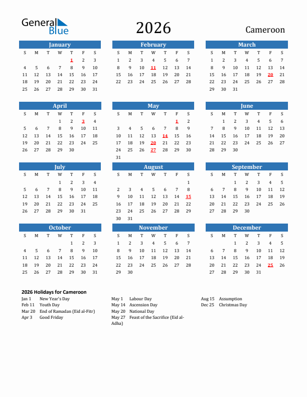 Cameroon 2026 Calendar with Holidays
